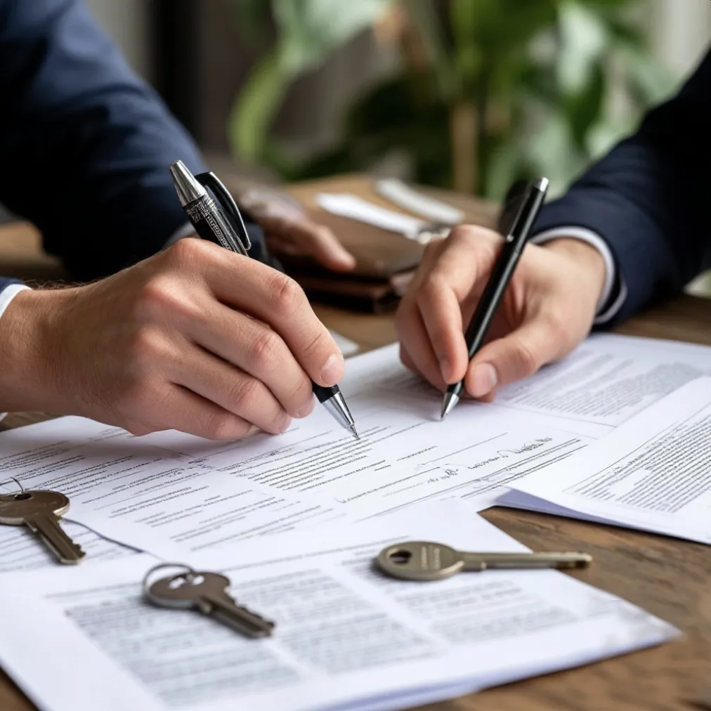 подписание договора купли-продажи, руки и документы на столе, печать на бумаге, ключи и договор, закрытие сделки
