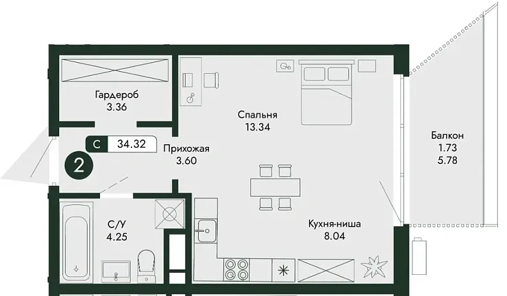 Квартира Студия 34.32 кв. м