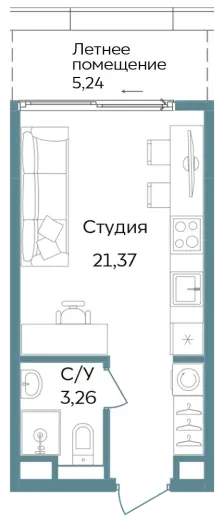 Апартаменты 1-комн. 29.87 кв. м