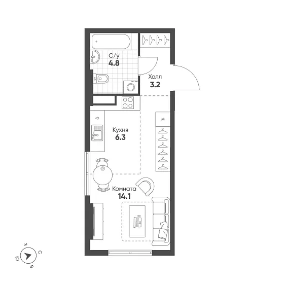 Квартира Студия 28.4 кв. м