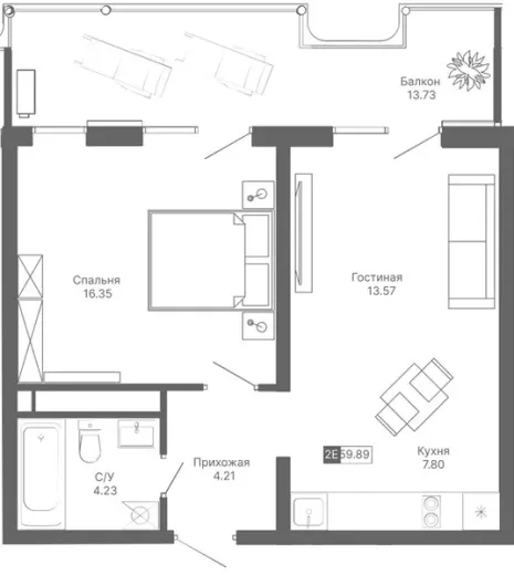Апартаменты 1-комн. 59.89 кв. м