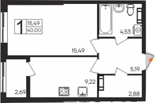 Квартира 1-комн. 40 кв. м