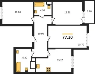Квартира 3-комн. 77.3 кв. м
