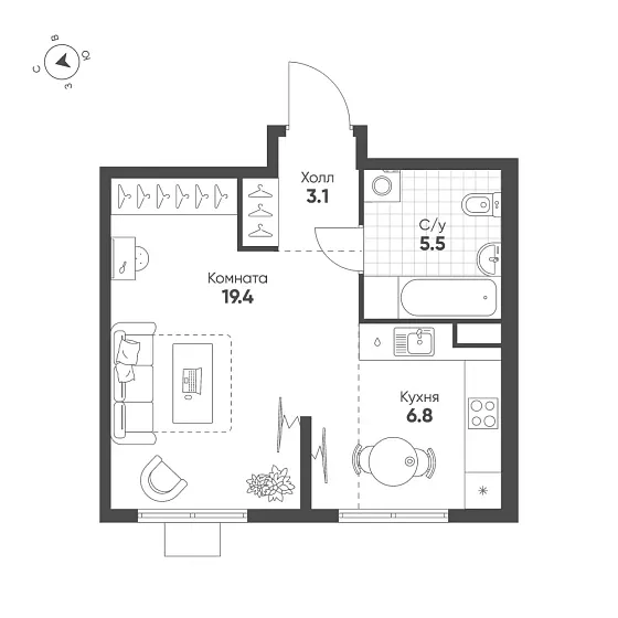 Квартира 1-комн. 34.8 кв. м
