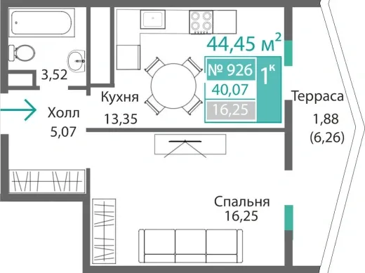 Квартира 1-комн. 40.07 кв.м