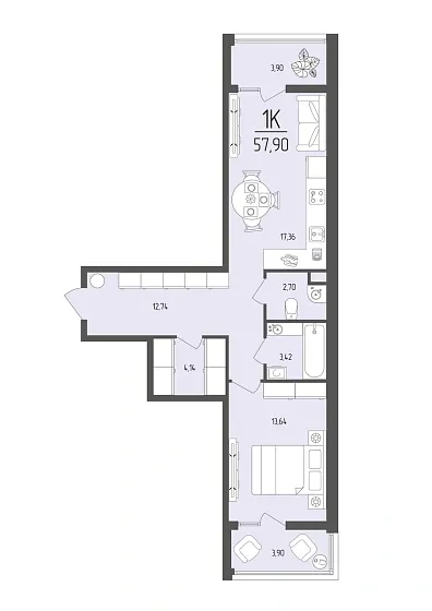 Квартира 1-комн. 57.9 кв. м