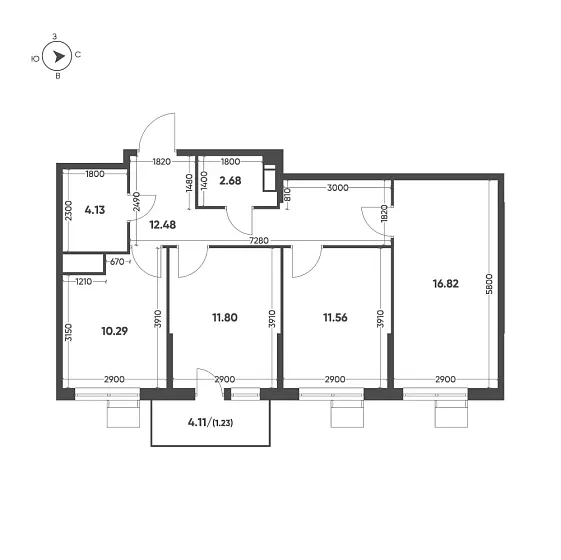 Квартира 3-комн. 70.99 кв. м