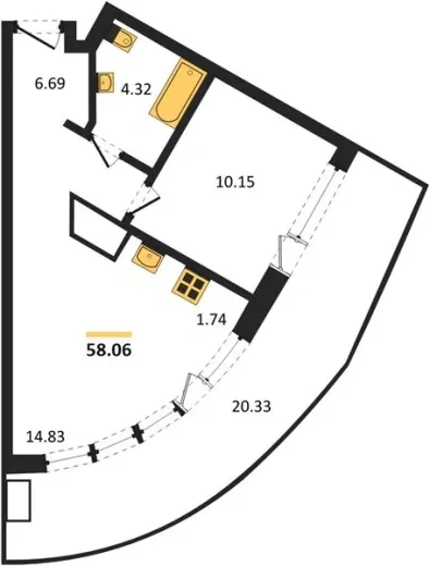 Апартаменты 1-комн. 58.06 кв. м