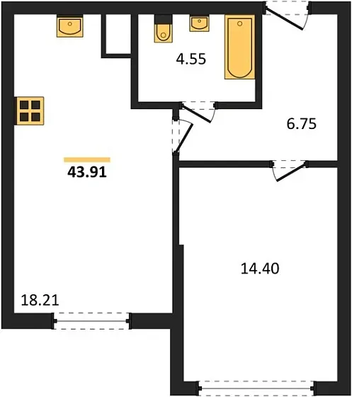 Квартира 1-комн. 43.91 кв. м