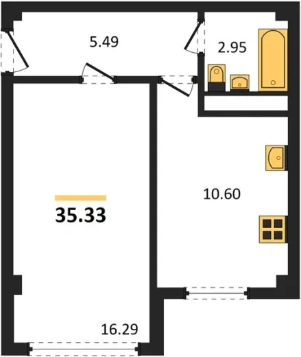 Квартира 1-комн. 35.33 кв. м