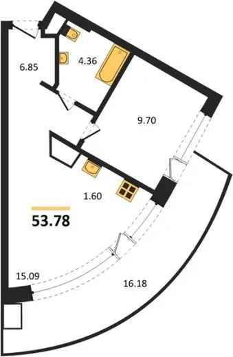 Апартаменты 1-комн. 53.78 кв. м