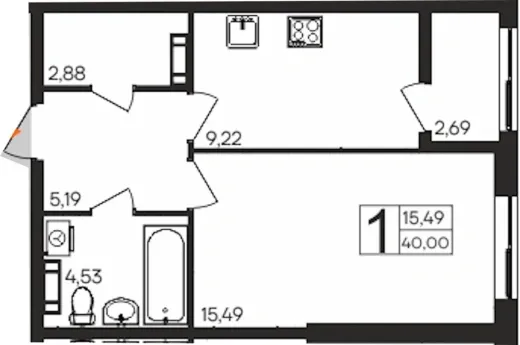 Квартира 1-комн. 40 кв. м