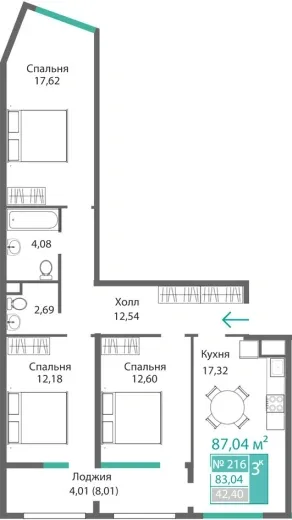 Квартира 3-комн. 83.04 кв.м