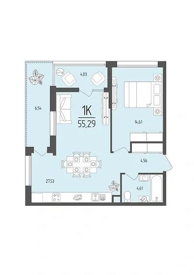 Квартира 1-комн. 55.29 кв. м