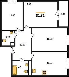 Квартира 3-комн. 81.31 кв. м