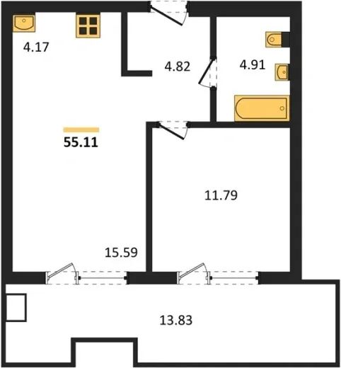 Апартаменты 1-комн. 55.11 кв. м