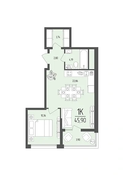 Квартира 1-комн. 45.9 кв. м