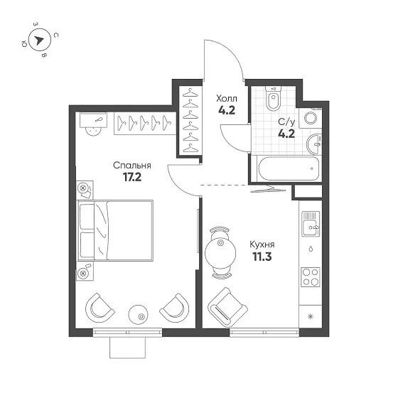 Квартира 1-комн. 36.9 кв. м