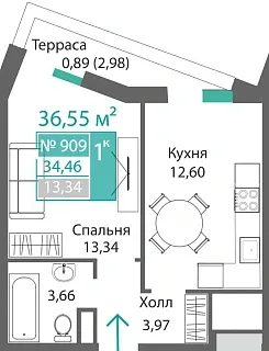 Квартира 1-комн. 34.46 кв.м