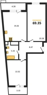 Квартира 2-комн. 69.35 кв. м