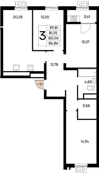 Квартира 3-комн. 84.86 кв. м