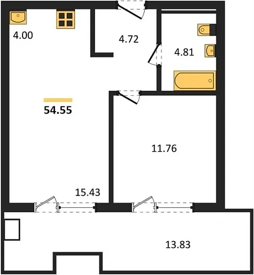Апартаменты 1-комн. 54.55 кв. м