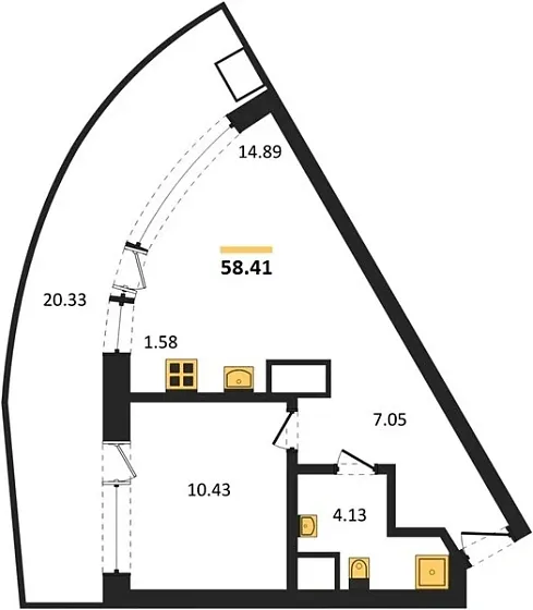 Апартаменты 1-комн. 58.41 кв. м
