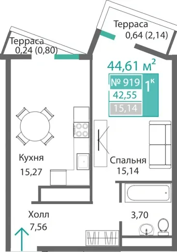 Квартира 1-комн. 42.55 кв.м
