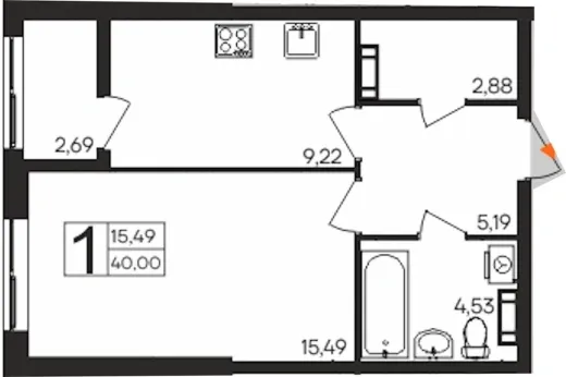 Квартира 1-комн. 40 кв. м