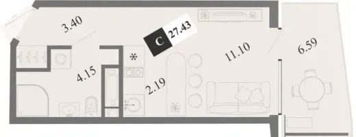 Апартаменты Студия 27.43 кв. м