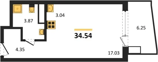 Апартаменты 1-комн. 34.54 кв. м