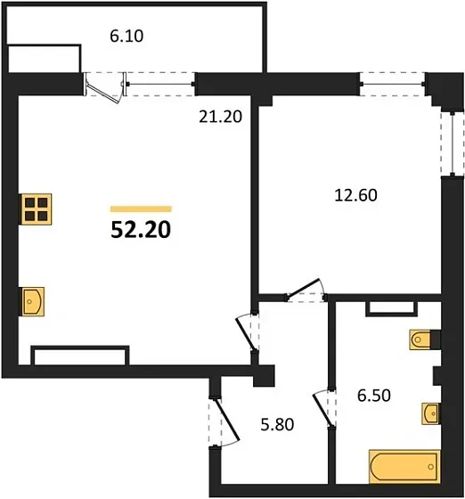 Квартира 1-комн. 52.2 кв. м