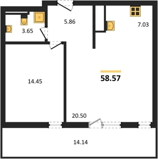 Квартира 2-комн. 58.57 кв. м