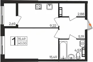 Квартира 1-комн. 40 кв. м