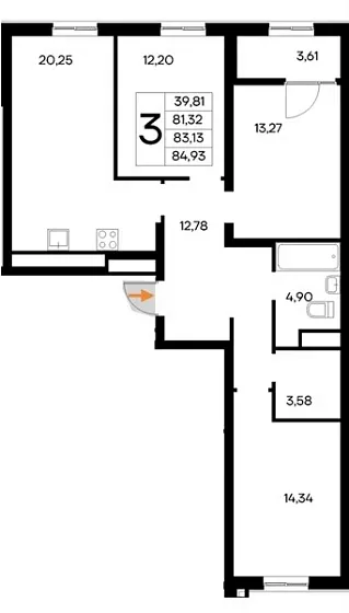 Квартира 3-комн. 84.93 кв. м