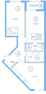 Квартира 2-комн. 65.75 кв. м