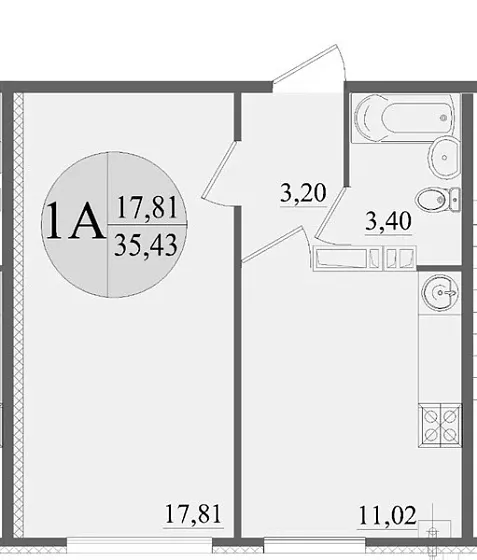 Квартира 1-комн. 35.43 кв. м
