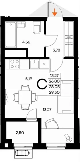 Квартира Студия 29.3 кв. м