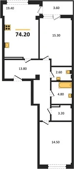 Квартира 2-комн. 74.2 кв. м