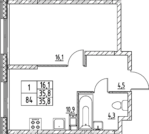 Квартира 1-комн. 35.8 кв. м