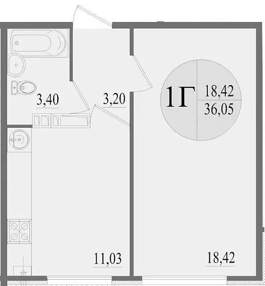Квартира 1-комн. 36.05 кв. м