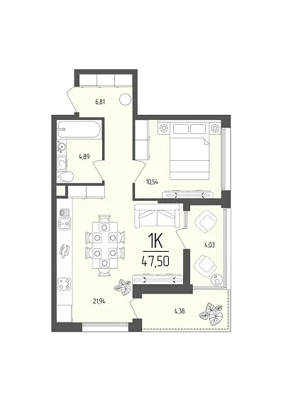 Квартира 1-комн. 47.5 кв. м