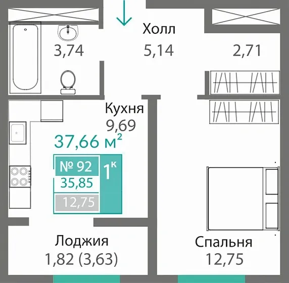 Квартира 1-комн. 35.85 кв.м