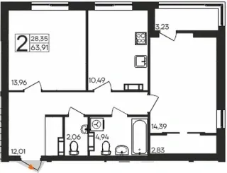 Квартира 2-комн. 63.91 кв. м