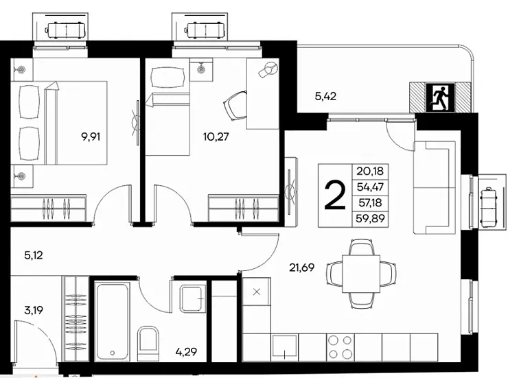 Квартира 2-комн. 59.89 кв. м