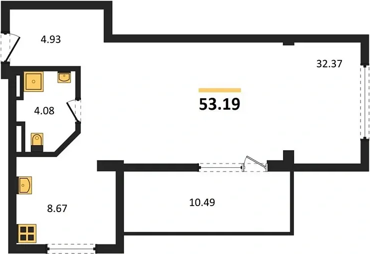 Квартира 1-комн. 53.19 кв. м