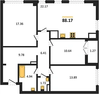 Квартира 3-комн. 88.17 кв. м