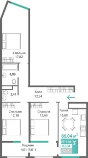 Квартира 3-комн. 82.04 кв.м