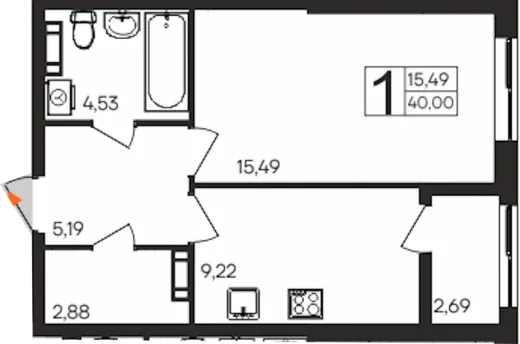 Квартира 1-комн. 40 кв. м