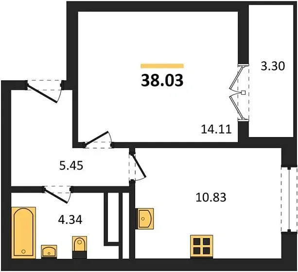 Квартира 1-комн. 38.03 кв. м